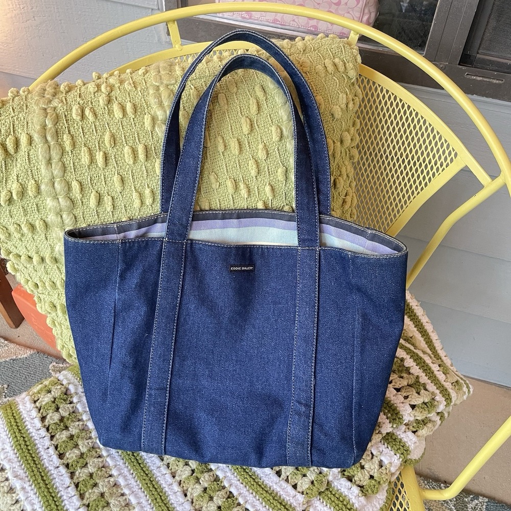 LRare Eddie Bauer dark Denim reversible Striped Tote Shoulder Bag 12x11x5